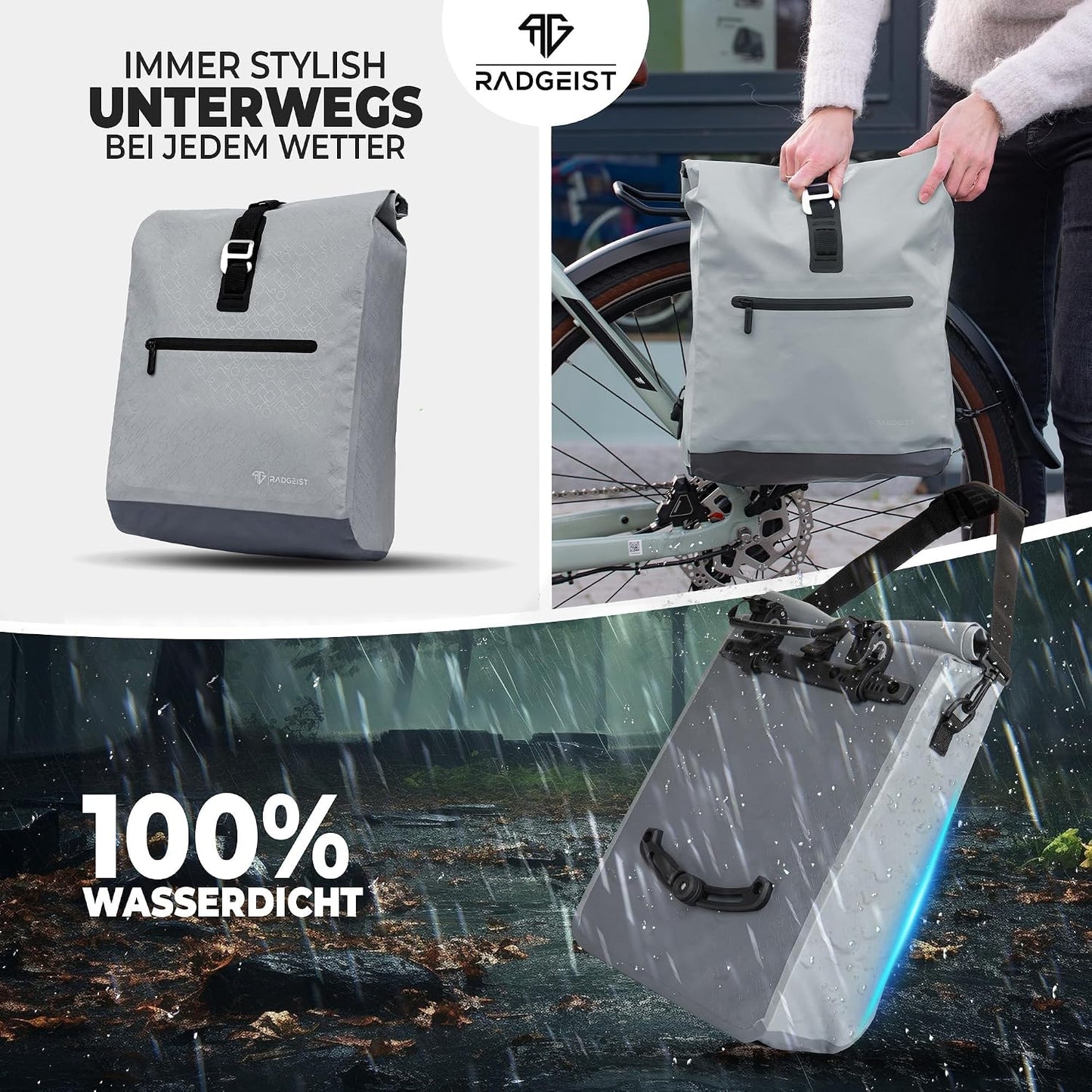 Radgeist Fahrradtasche für Gepäckträger 2-in-1 – Umhängetasche – 100 % wasserdicht – 20 Liter – Grau