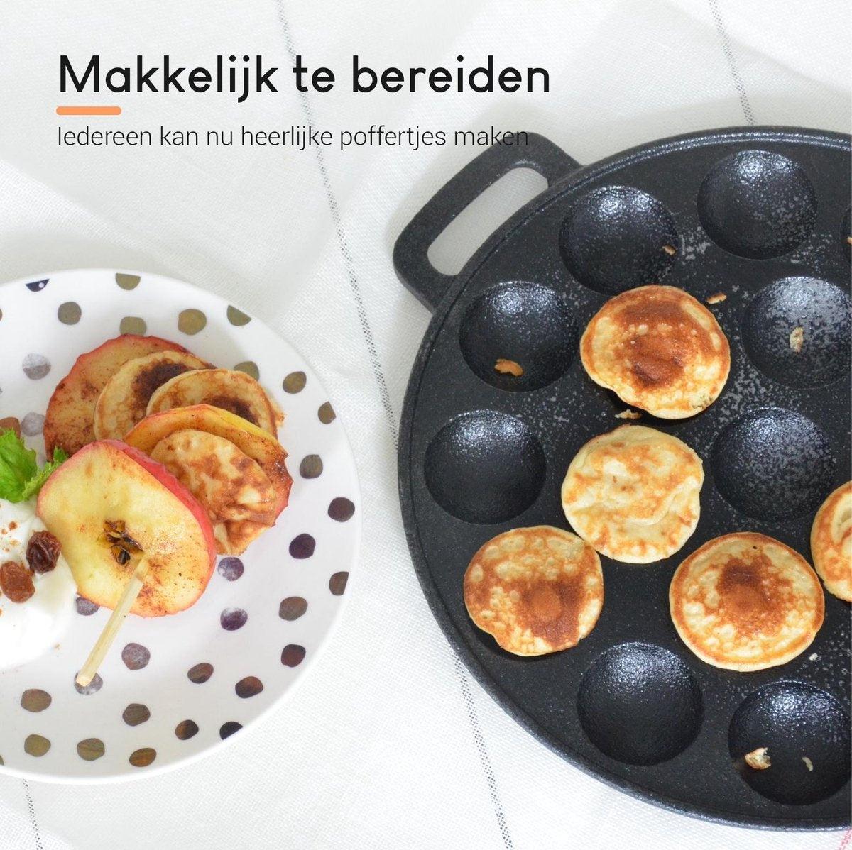 Ocina Poffertjes-Pfanne - Combo-Pack - 19 Poffertjes - Poffertjes-Maschine - Poffertjes-Pfanne Induktion - Poffertjes-Pfanne elektrisch - Gusseisenpfanne - Inklusive Spenderflasche, Griffe, 6x Poffertjes-Gabeln und Fettbürste - Gratis-Rezeptbuch