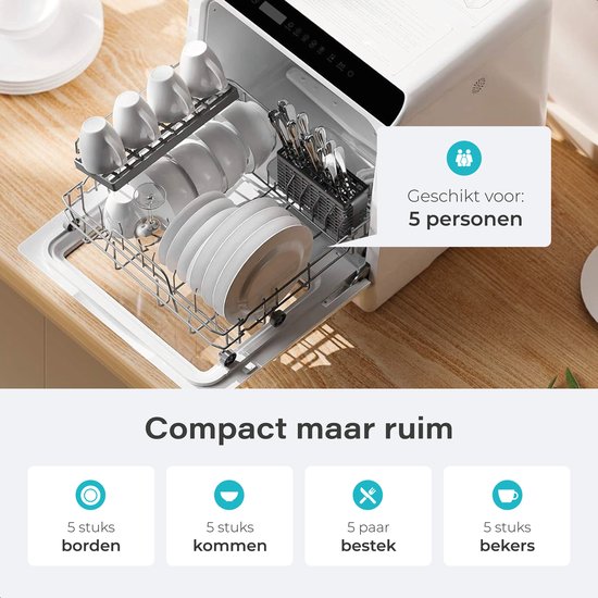 EcoWasher Freistehender Mini-Geschirrspüler mit Wassertank - Mit APP - 5 Fächer - 6 Waschprogramme - Kleiner Geschirrspüler - Geschirrspüler 45cm - Schmaler Geschirrspüler - Camping - Weiß