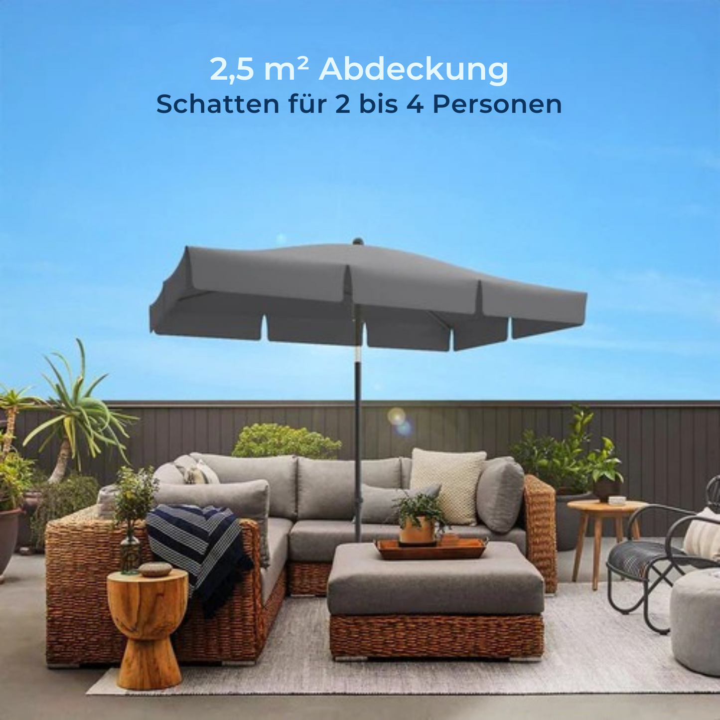 LifeGoods - Sonnenschirm - 200x125cm - 30° neigbar - Wasserdicht - mit Bezug - Grau