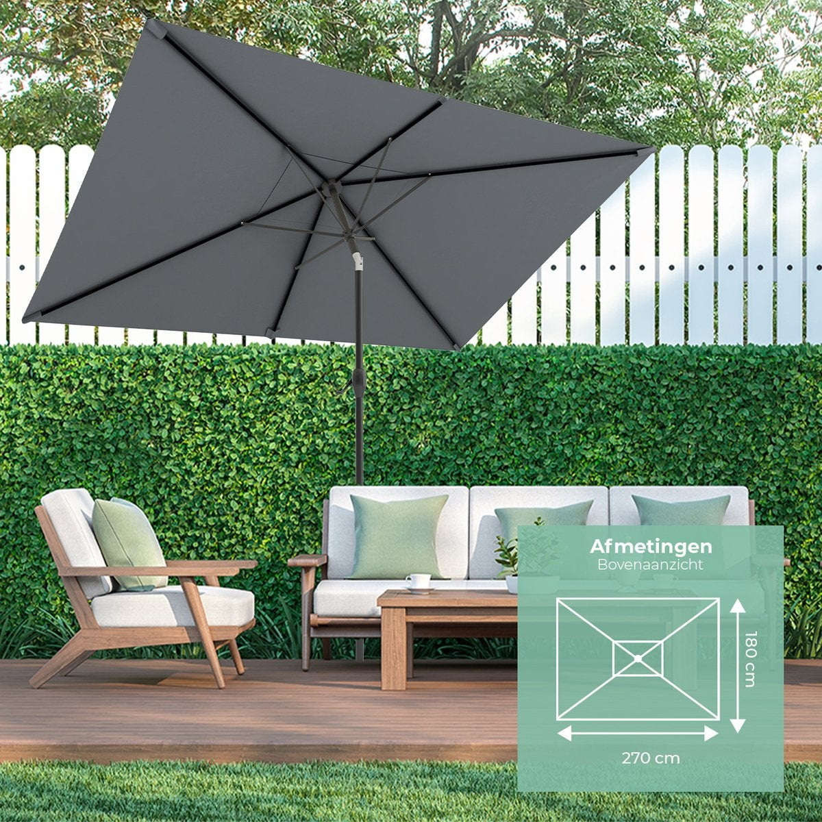 LifeGoods - Rechteckiger Sonnenschirm mit Bezug - 30° neigbar - Wasserdicht - 270x180cm - Dunkelgrau
