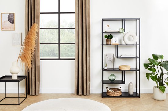 Lifa Living - Offener Wandschrank Saint-Tropez - Schwarz - MDF & Metall - 7 Einlegeböden - Kapazität 55 kg - Funktional & stilvoll - Asymmetrisches Design - 82 x 34 x 175 cm