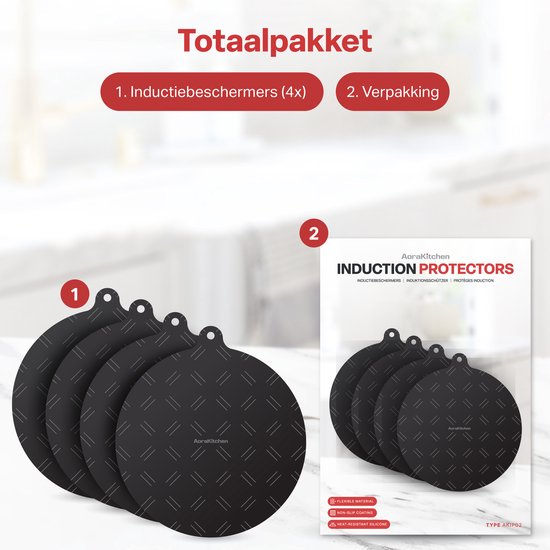 AoraKitchen Induktionsschutz - 4 Stück - bis zu 280°C - Kochplattenschutz - Untersetzer Pfannen - Ø 22cm - Schwarz