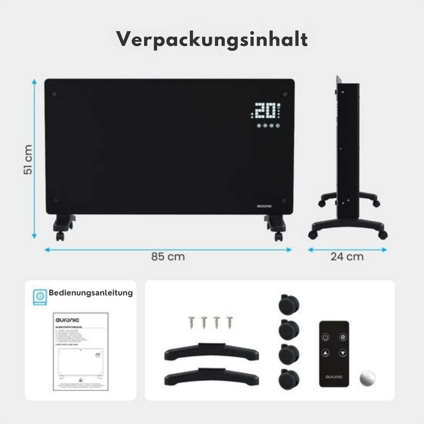 Auronic Electric Konvektor-Heizung - Mit Thermostat und Fernbedienung - Glasheizung - 2500W Heizung - Schwarz
