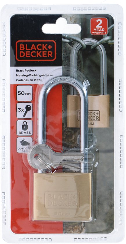 BLACK+DECKER Vorhängeschloss - 50mm - Langer Bügel - Inkl. 3 Schlüssel - Massivmessingschloss
