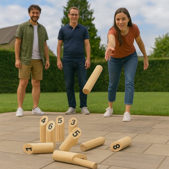 Eddy Toys Holz-Wurfspiel, 13-teilig – Spiel für Kinder und Erwachsene im Freien – Traditionelles finnisches Wurfspiel aus Holz – Familienspiel für draußen mit Zahlen