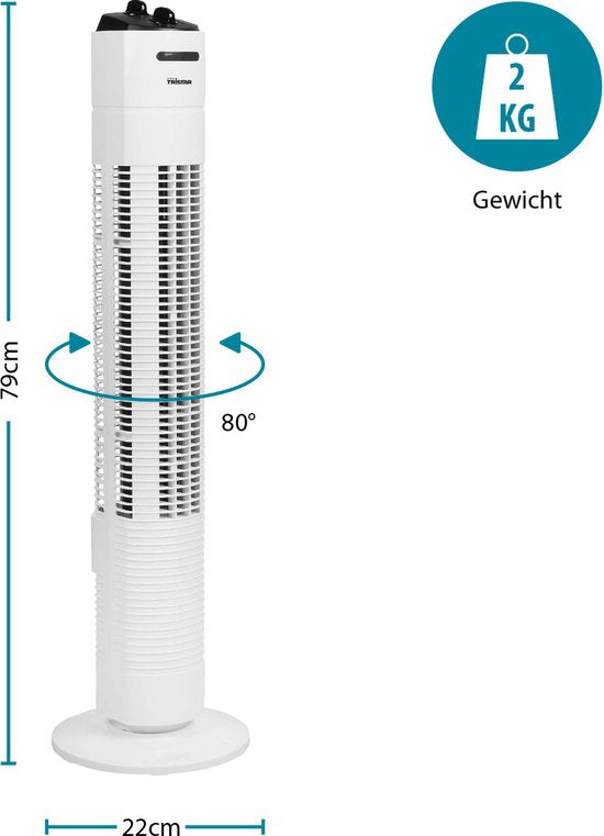 Turmventilator 79 cm - 3 Geschwindigkeiten - Timerfunktion - Oszillierend - Leise & Kompakt - Tristar VE-5806 - Weiß