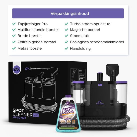 Motionflow Teppichreiniger PRO - Tiefenreinigung mit Dampffunktion bis 100°C - Kraftvoller 1700W Fleckenreiniger - Dampfreinigung für Boden, Sofa, Bad und Teppich - Dampfreiniger & Sitzreiniger - Inklusive Reinigungsmittel