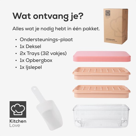 KitchenLove Eiswürfelbereiter - Eiswürfelform mit Deckel & Eisportionierer - 64 Eiswürfel