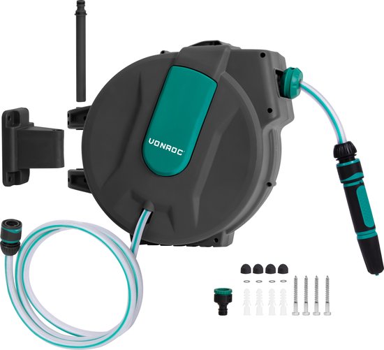 VONROC Wand-Schlauchbox - Inkl. 25m Gartenschlauch, Verbindungsschlauch, Tülle, Kupplungen & Wasserhahnanschluss - Automatisches Aufrollsystem