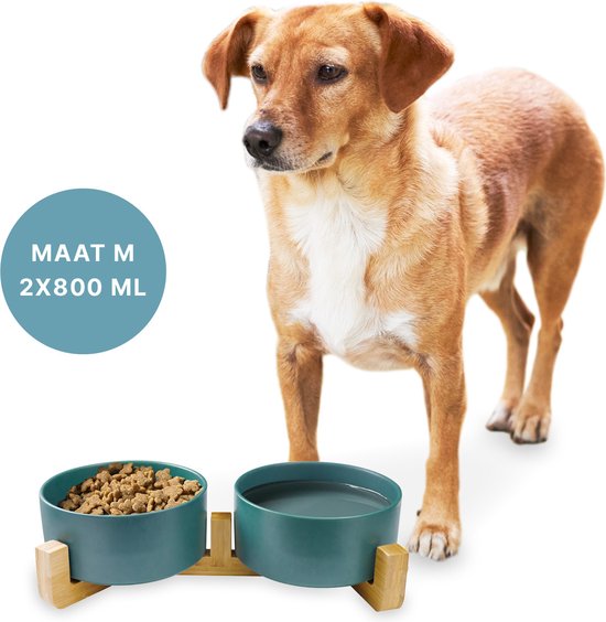 Futternapf Hund - Trinknapf - Mit Bambusständer - 2x 800 ml - Größe M - Grün matt