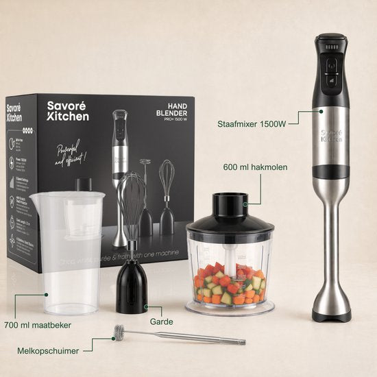 Savoré Kitchen Stabmixer Pro+ 1500 W – Mixer-Set mit Zerkleinerer (600 ml), Schneebesen, Milchaufschäumer und Messbecher – 5 Geschwindigkeitsstufen – 6 Klingen – Edelstahl