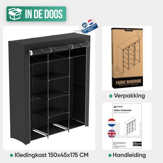 Avalo Wardrobe Fabric Foldable XXL - 150x45x175 CM - Kleiderschrank - Schlafzimmer Kleiderschrank - Schwarz