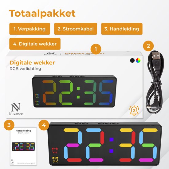 Nuvance Digitaler Wecker - Digitaluhr - Wecker für Kinder & Erwachsene - Reisewecker - Schlafzimmer - Led Wecker Digital - Schwarz RGB