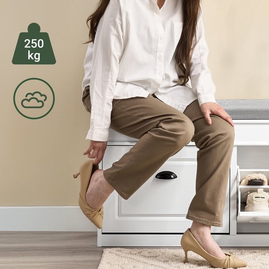 SoBuy Schuhbank mit Sitzkissen - 8 Paar Schuhe - Klappfächer & Schublade - 104 x 24 x 51 cm - Weiß