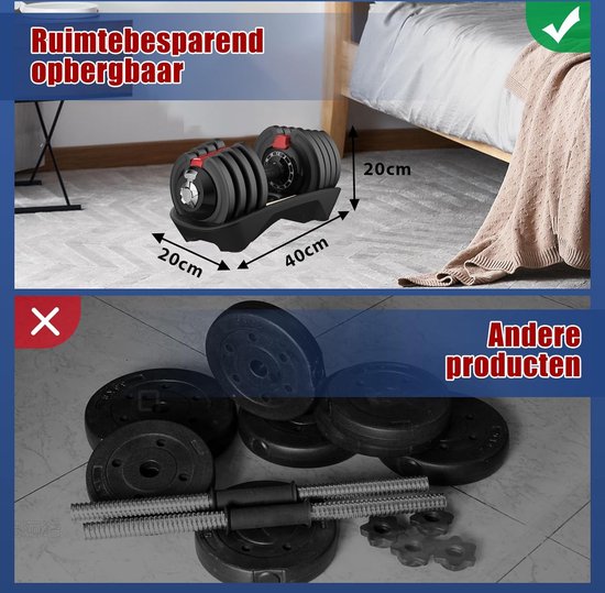 DH FitLife Verstellbare Kurzhantel - 1,5 bis 18 kg - Mit Ablagefläche für Krafttraining Damen und Herren - Mit Gewichtsscheiben - Für das Training - Variables Gewicht - 12-in-1