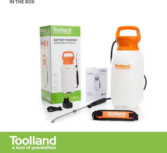 Toolland Drucksprüher, elektrisch, Akku, Teleskoplanze, verstellbarer Sprühkopf, Schultergurt, 8 Liter, weiß/orange/schwarz