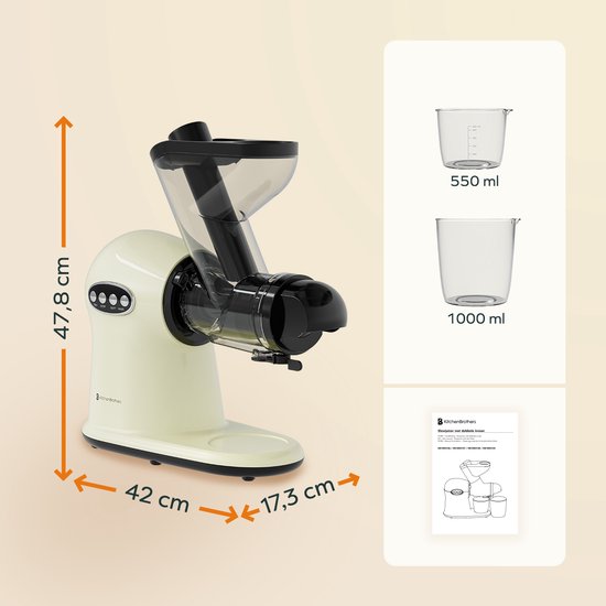 KitchenBrothers Slowjuicer XL - Entsafter - Gemüse- und Obstpresse - 43 mm und 70 mm Einfüllöffnung - 500 ml - Champagner