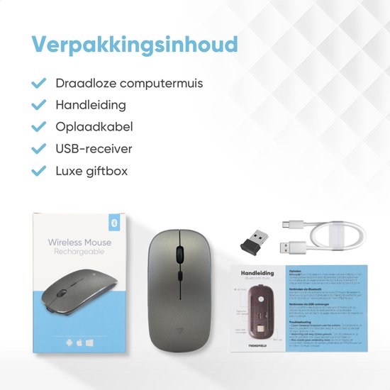 Trendfield Wireless Mouse - Wiederaufladbare Computermaus - Bluetooth - Ergonomische Maus mit Silent Click - Geeignet für alle Laptops - Space Grey