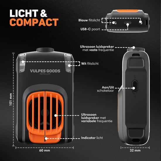Vulpes Goods Marderabwehrgerät PRO V2 - Ultraschall - Automatische Frequenzen & Blinklichter - USB-C & Autobatterie - Für Marder Mäuse & Ratten - 2 Stück - Schwarz