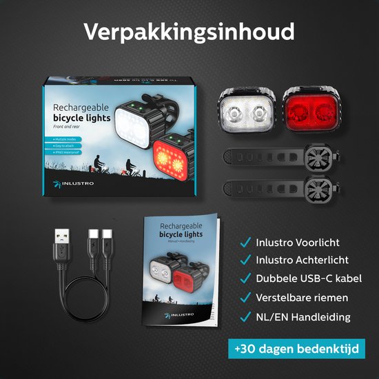 Inlustro Fahrradlicht-Set - Front-/Rücklicht - LED-Fahrradlicht rot und weiß - Fahrradlicht-Scheinwerfer - wasserdicht - USB wiederaufladbar