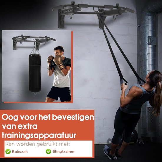 DH FitLife 4-in-1 Wandklimmzugstange mit Spreizstecker, multifunktionale Klimmzugstange für zu Hause bis 200 kg | 6 rutschfeste Griffe | 3 Ösen für Boxsack & Schlingentrainer | sicher und stabil