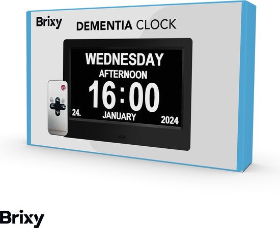 Brixy Demenz-Uhr - 24 Alarmfunktionen - Inkl. Fernbedienung - Automatische Dimmfunktion - Kalenderuhr - Schwarz