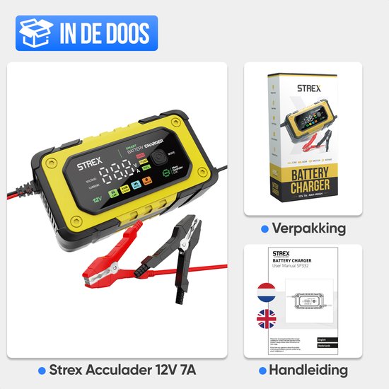 Strex 12V 7A Batterieladegerät - Tropf- und Schnellladegerät mit LCD-Anzeige - für Auto-, Motorrad-, Boots- und AGM/Blei-Batterien - Reparaturmodus