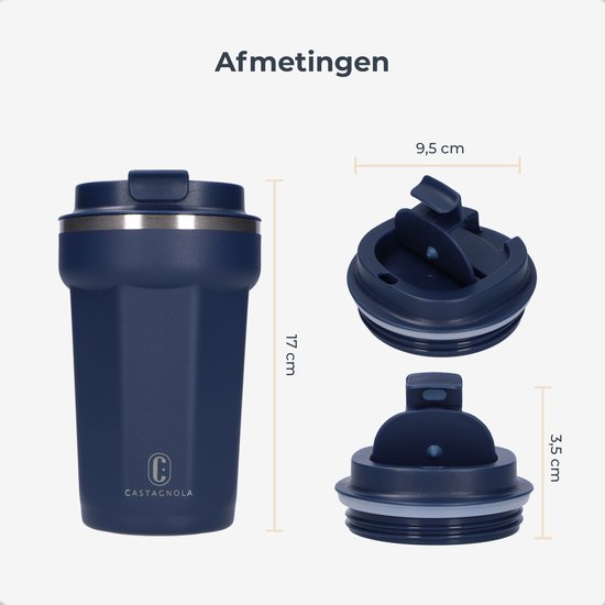 Castagnola Thermosbecher - Kaffeebecher To Go - Reisebecher für Kaffee und Tee - Teebecher - 380 ML - Edelstahl - Dunkelblau - Achteck