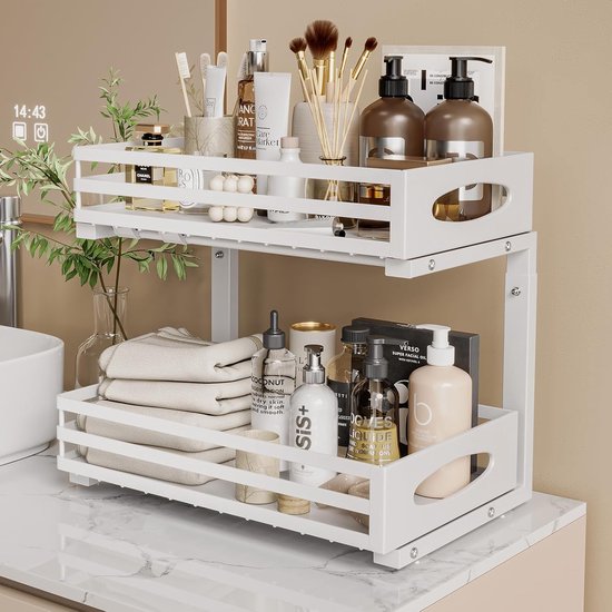 Posity Küchenschrank-Organizer - Spülenschrank-Organizer - Arbeitsplatten-Organizer - Aufbewahrungsregal - Badezimmer-Organizer - Küchenregal - ausziehbar - Metall - weiß