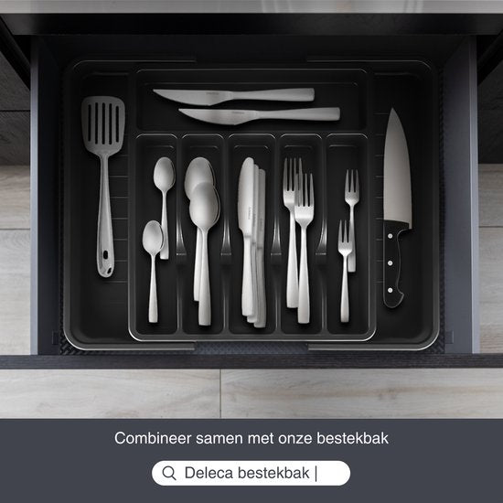Deleca 8 Personen Besteck-Set Essential (48 Teile) - Löffel, Messer, Gabeln, Steakmesser & Kuchengabeln - Spülmaschinenfestes Besteck - Glänzend Schwarz / Edelstahl