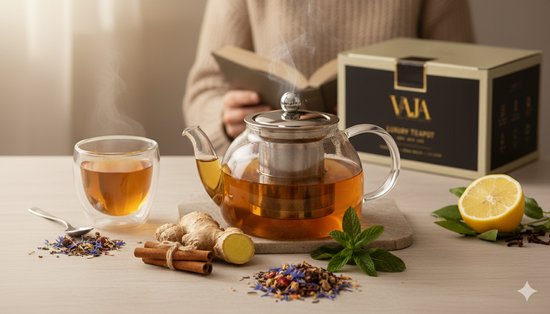 Vaja® Glas-Teekanne mit Edelstahlfilter - 1,4 Liter - Tee-Ei - Für losen Tee / Teeblumen - Weihnachtsgeschenk - Borosilikatglas-Tropfschutz-Ausguss