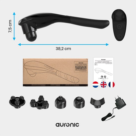 Auronic Massagegerät - Nacken und Rücken - Kabellos - 5 Aufsätze - Schwarz/Grau