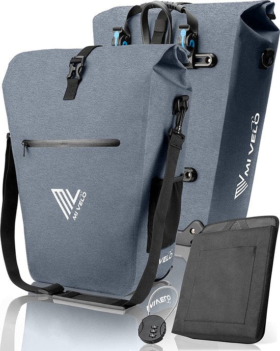 MIVELO Gepäckträgertasche - Wasserdicht - Laptopfach und Schloss - 100% PVC-frei - Jeansblau