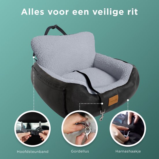 CozySense® Hundeautositz - Hundekorb Auto mit Sicherheitsgurt und Staufach - für kleine Hunde - Vorder- oder Rücksitz - Schwarz/Grau