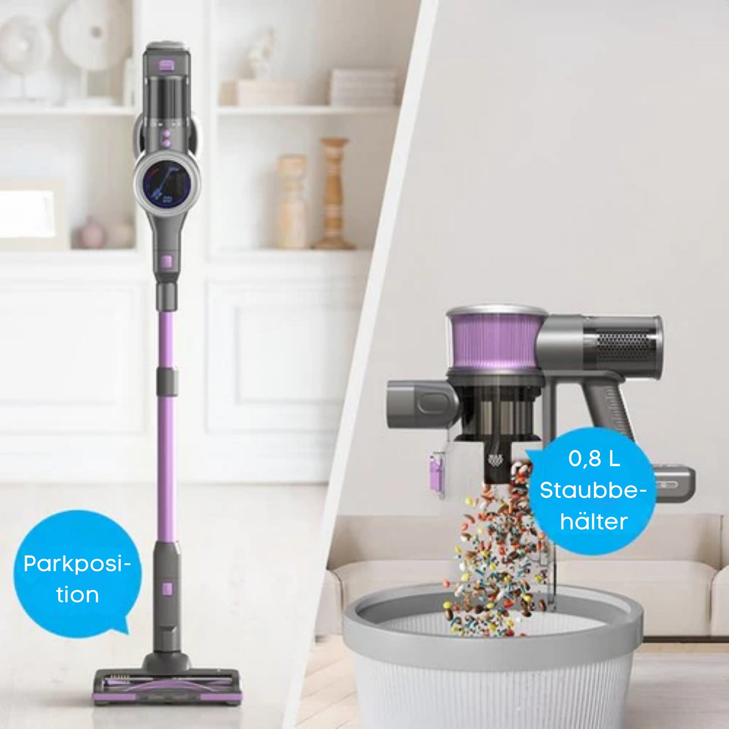 Auronic Stick Staubsauger - Kabellos - Beutellos - Akkubetrieben - Selbstständig - 350W - Extra Akku - Staubsauger - Grau/Lila