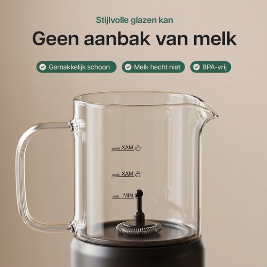 Kitchify Milchschaumer aus Glas – Elektrischer Milchschaumer – Mit Ausgießer – 4-in-1 – Milk Frother – Schwarz