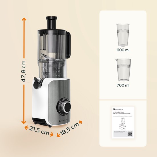 KitchenBrothers Slowjuicer - Vertikal - Entsafter - Gemüse- und Obstpresse - 126 mm - 750 ml - Perlweiß / Weiß