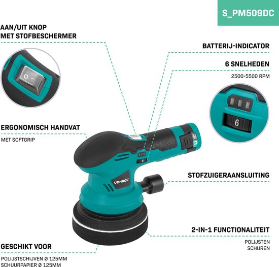 VONROC Polierer 12V - Ø 125mm - Dual Action - 2-in-1: Polieren und Schleifen - Inkl. Akku, usb-c Kabel, 4 Polierscheiben und Schleifpapier