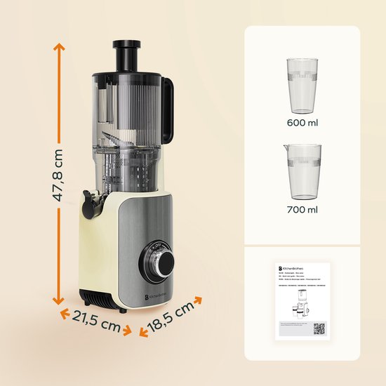 KitchenBrothers Slowjuicer - Vertikal - Entsafter - Gemüse- und Obstpresse - 126 mm - 750 ml - Champagner