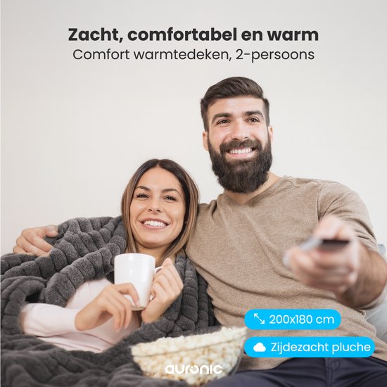 Auronic Electric Blanket - 200 x 180cm - 2 Personen - Wärmedecke - 3 Wärmestufen - Plüsch - Wärmedecke - Anthrazit