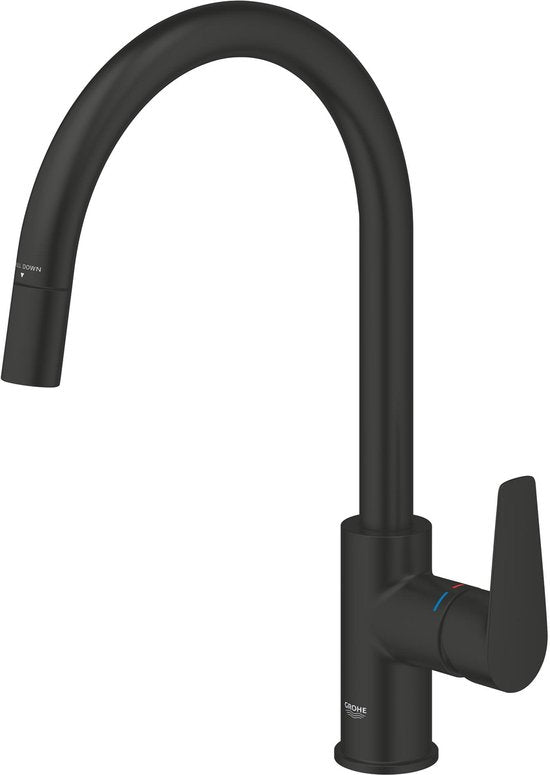 GROHE Start Edge Einhebel-Küchenarmatur mit ausziehbarem Auslauf – Hoher C-förmiger Auslauf – 360° Schwenkbereich – Mattschwarz – Einfache Montage mit QuickMount