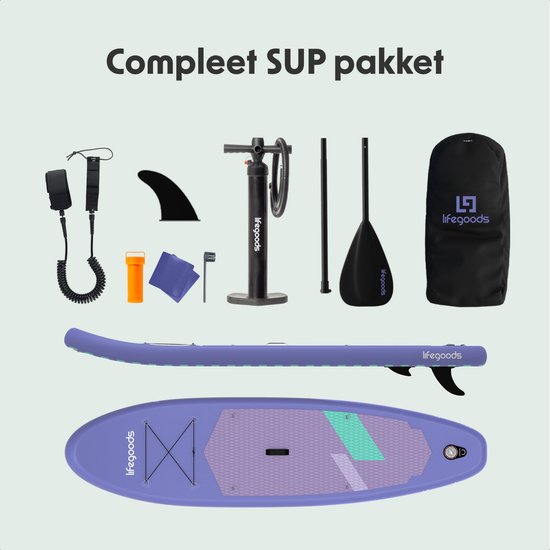 LifeGoods SUP Board All-round Compact - 100 KG Belastbarkeit - 300 x 76 cm - Aufblasbar - Komplettes SUP Paket - Lila