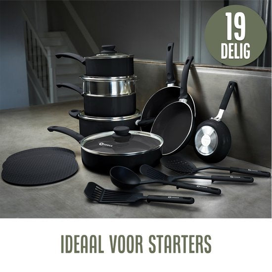 COOCK 19-teiliges Induktionskochgeschirr-Set - Spezielle Antihaftbeschichtung - Ergonomische Kaltgriffe - Recyceltes Aluminium - Bratpfannen-Set - Kochtopf-Set - Schwarz - Inklusive Untersetzer und E-Book