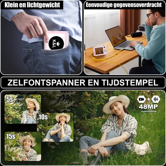 K&L Digitalkamera 4K - Fotokamera - Fotokamera - Kompaktkamera - Vlog-Kamera - Für Kinder - Inklusive 64GB - NL Software - Pink