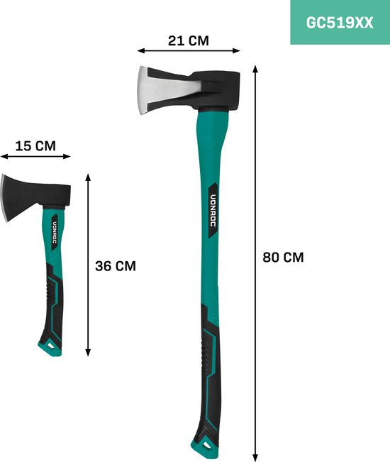 VONROC Spaltaxt und Handbeil-Set - Kopf aus gehärtetem Stahl - Stiel aus Fiberglas - 79cm - 3900gr/35cm - 950gr