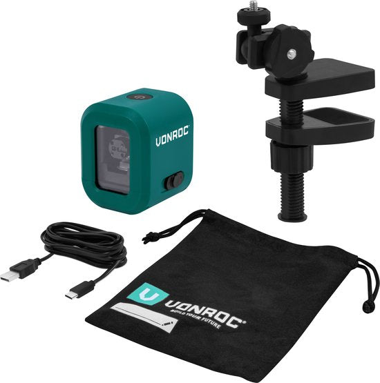 VONROC Kreuzlinienlaser- Grün - 4V Akku- 1800mAh - Selbstnivellierend - 18 Meter Reichweite - Inkl. Halterung, USB-C Kabel & Aufbewahrungstasche