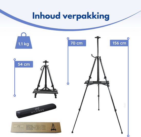 Hilvard - Staffelei für Erwachsene - Tisch Staffelei - Feld Staffelei - Verstellbar - Quick Grip & Release Bracket - Schwarz - Geeignet für Maltücher - Studio Staffelei - Inkl. Aufbewahrungstasche - 54 cm bis 156 cm