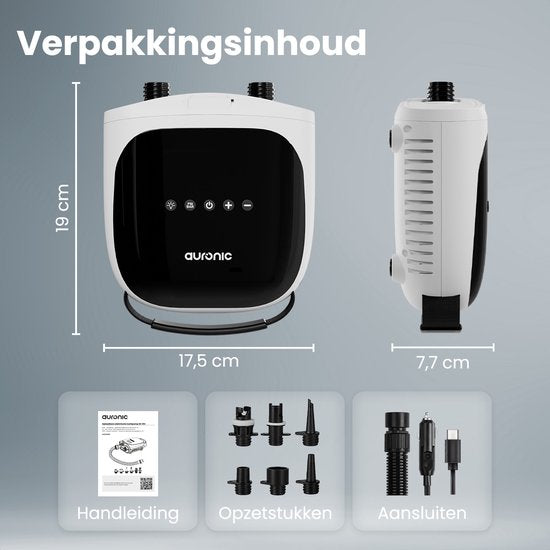 Auronic 2-in-1 Elektrische Luftpumpe - 4000 mAh Akku - 12-17V - 20 PSI - u.a. SUP Board, Luftmatratze, Kajak, Kite & Zelt - aufblasen/entlüften