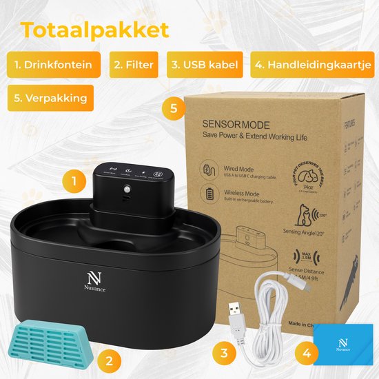 Nuvance Trinkbrunnen Katze - 2.2L Wasserbrunnen - mit Sensor - inkl. Filter - leiser Katzenbrunnen automatisch - kabellos